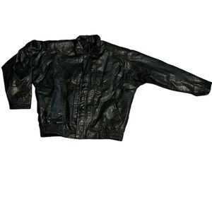 Bomber Leather Jacket Black Vintage 80s Drop Shoulder Moto Zipper Details M